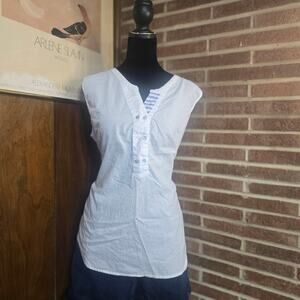 Hester & Orchard White Cotton Sleeveless Henley Tunic Top Blue Stripe Lining XL